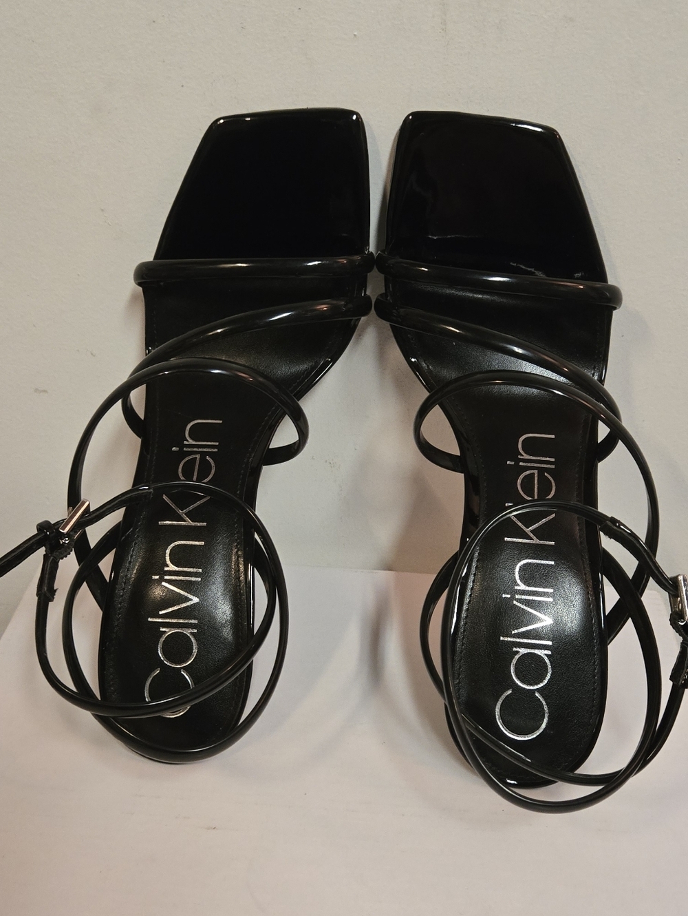 Calvin Klein Black Patent Multi-Strap Square Toe Heels - Picture 5 of 7